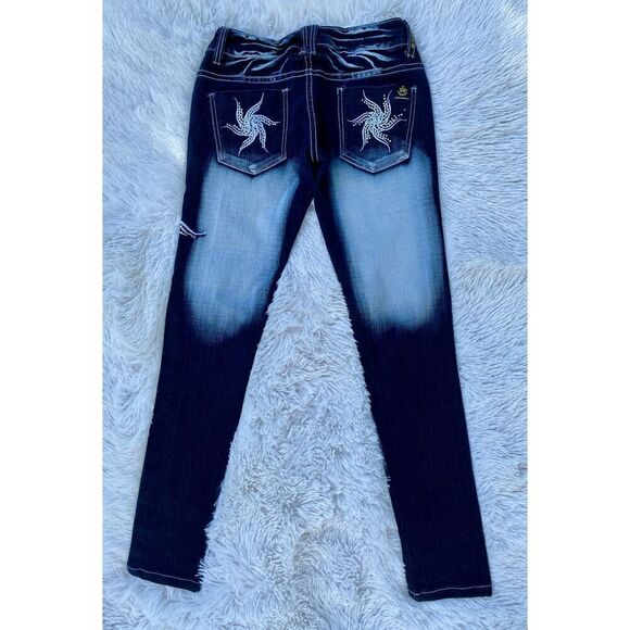 Y2K Vintage Blue Queen SZ 3/4 Dark Wash Factory Faded Bling Jeans - Picture 7 of 12